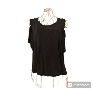 ANTHROPOLOGIE LAVENDER FIELD COLD SHOULDER BLOUSE. BLACK. LARGE.